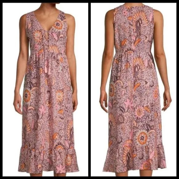 💕MADEWELL💕 Lace-Up Ruffle-Hem Midi Dress ~ Bali Blooms Print 10 (Regular Fit) - Picture 7 of 16